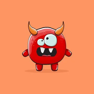 Vector cartoon funny red monster with horn isolated on orange background Stock Illustration