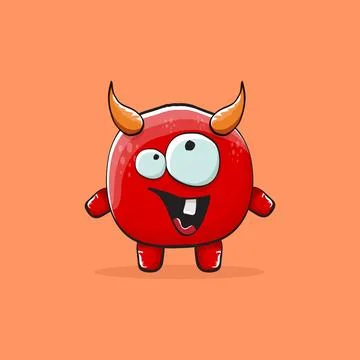 Vector cartoon funny red monster with horn isolated on orange background Stock Illustration