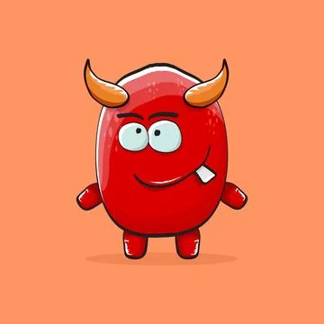 Vector cartoon funny red monster with horn isolated on orange background Stock Illustration
