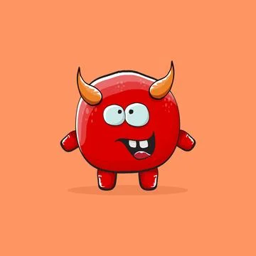 Vector cartoon funny red monster with horn isolated on orange background Stock Illustration