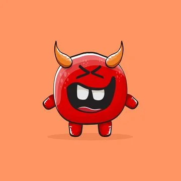 Vector cartoon funny red monster with horn isolated on orange background Stock Illustration