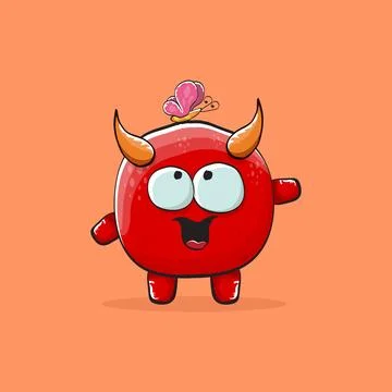 Vector cartoon funny red monster with horn isolated on orange background Stock Illustration