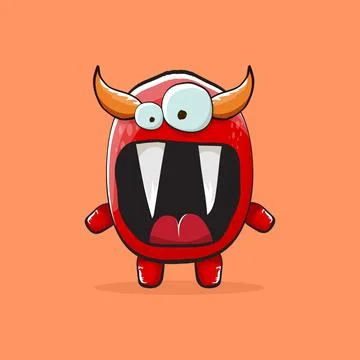 Vector cartoon funny red monster with horn isolated on orange background Stock Illustration