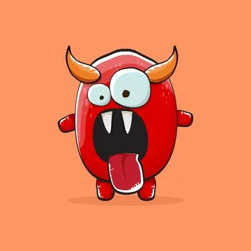 Vector cartoon funny red monster with horn isolated on orange background Stock Illustration