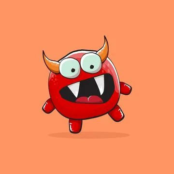Vector cartoon funny red monster with horn isolated on orange background Stock Illustration
