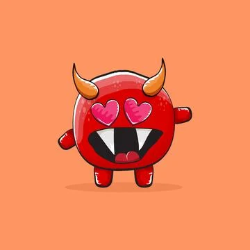 Vector cartoon funny red monster with horn isolated on orange background Stock Illustration