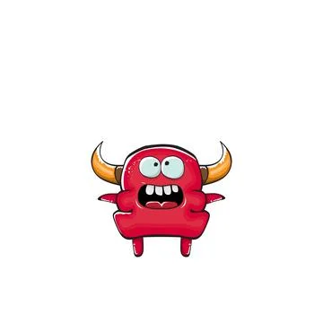Vector cartoon funny red monster with mouth, eyes and horn isolated on white Stock Illustration