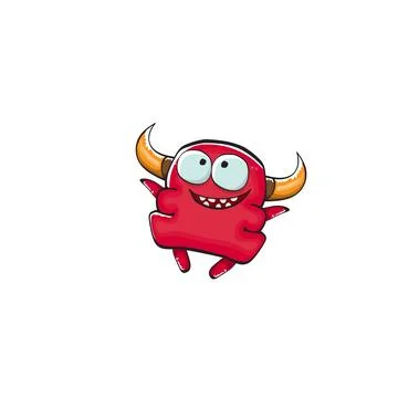 Vector cartoon funny red monster with mouth, eyes and horn isolated on white Stock Illustration