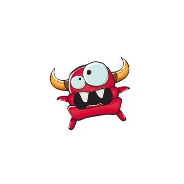Vector cartoon funny red monster with mouth, eyes and horn isolated on white Stock Illustration