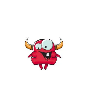 Vector cartoon funny red monster with mouth, eyes and horn isolated on white Stock Illustration