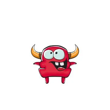 Vector cartoon funny red monster with mouth, eyes and horn isolated on white Stock Illustration