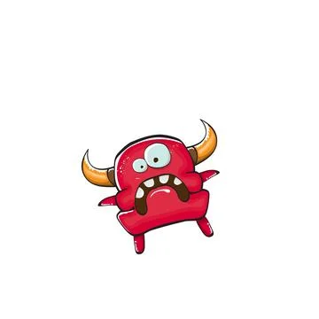 Vector cartoon funny red monster with mouth, eyes and horn isolated on white Stock Illustration