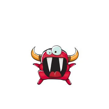 Vector cartoon funny red monster with mouth, eyes and horn isolated on white Stock Illustration