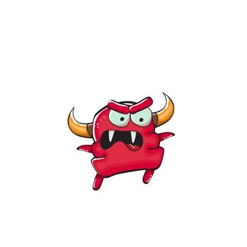Vector cartoon funny red monster with mouth, eyes and horn isolated on white Stock Illustration
