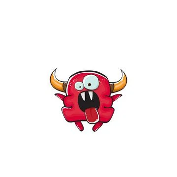 Vector cartoon funny red monster with mouth, eyes and horn isolated on white Stock Illustration