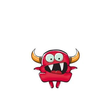Vector cartoon funny red monster with mouth, eyes and horn isolated on white Stock Illustration