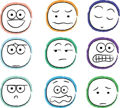 Vector cartoon funny round face emoji set Stock Illustration