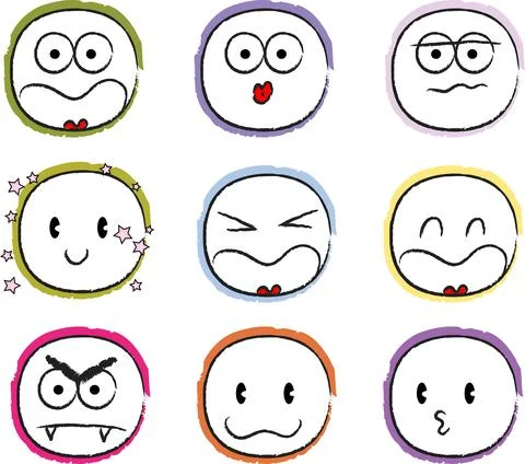 Vector cartoon funny round face emoji set Stock Illustration