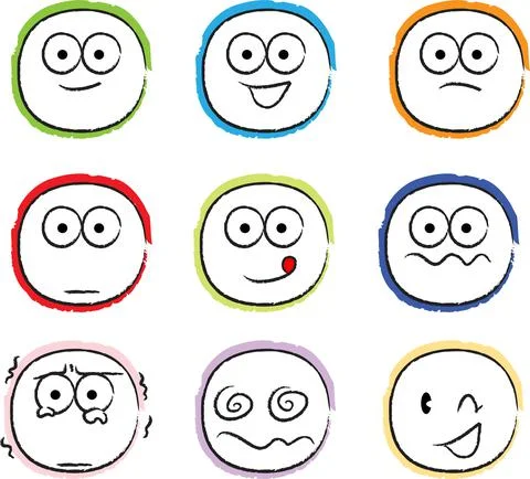 Vector cartoon funny round face emoji set Stock Illustration