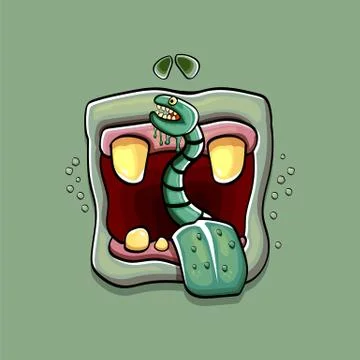 Vector cartoon funny silly zombie monster mouth with rotten teeth and green worm Stock Illustration