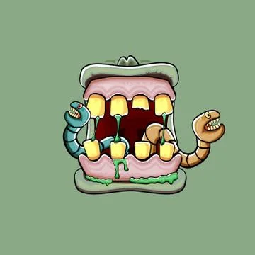 Vector cartoon funny silly zombie monster mouth with rotten teeth and green worm Illustrazione stock