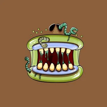 Vector cartoon funny silly zombie monster mouth with rotten teeth and green worm Stock Illustration