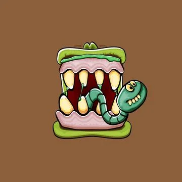 Vector cartoon funny silly zombie monster mouth with rotten teeth and green worm Stock Illustration