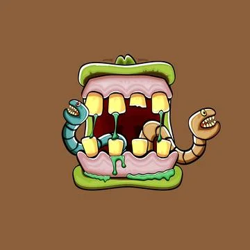 Vector cartoon funny silly zombie monster mouth with rotten teeth and green worm Stock Illustration