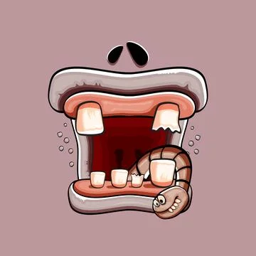 Vector cartoon funny silly zombie monster mouth with rotten teeth and worm Illustrazione stock