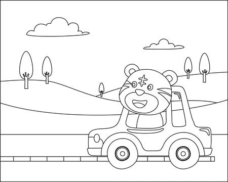 Vector cartoon of funny tiger driving car in the road with village landscape Stock Illustration