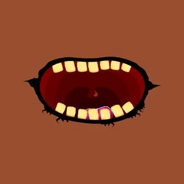 Vector cartoon funny zombie monster open mouth with rotten teeth isolated on Stock Illustration