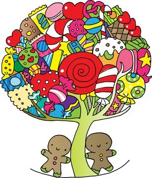 Vector cartoon Gingerbread man under the candy tree Stock Illustration