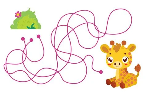 Vector cartoon giraffe and grass bush with flower in children's style. Illustrazione stock
