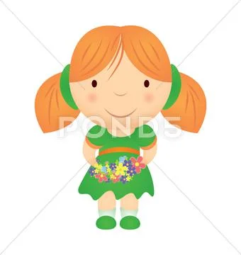 Vector cartoon girl holding flowers isolated on white Stock Illustration