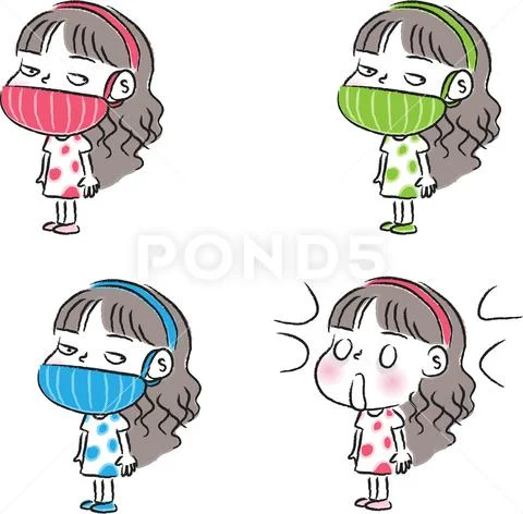 Vector cartoon girl in mask emoji sticker set ~ Clip Art #147592027