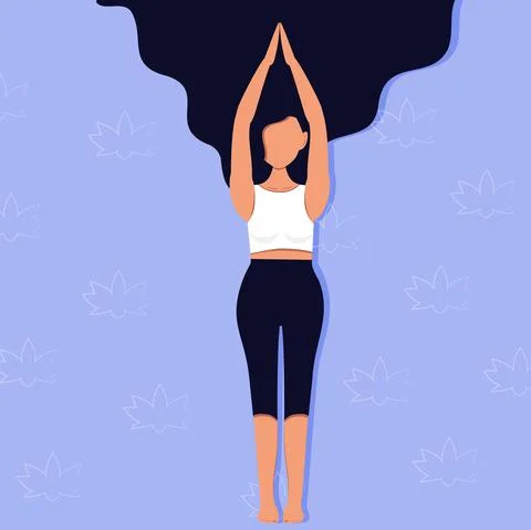 Vector. Cartoon girl in tree pose, hands up, folded palms, yoga,hair. Stock Illustration