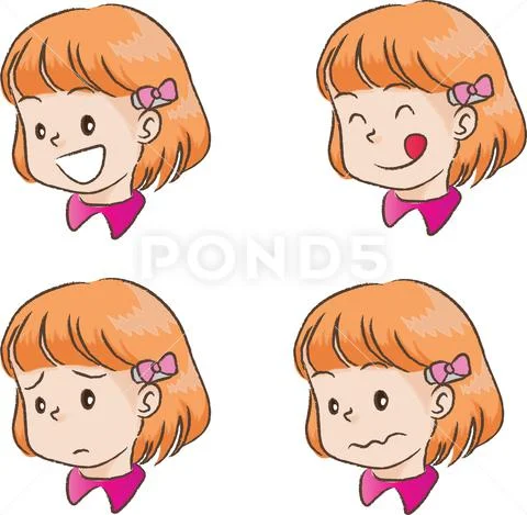 Vector cartoon girls emoji face sticker set: Royalty Free #147700478