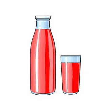 Vector cartoon glass bottle, cup of fruit juice Stock Illustration