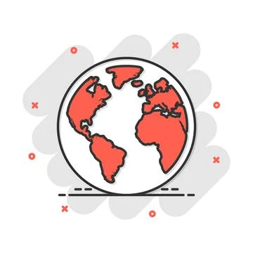 Vector cartoon globe world map icon in comic style. Round earth illustration  イラスト素材