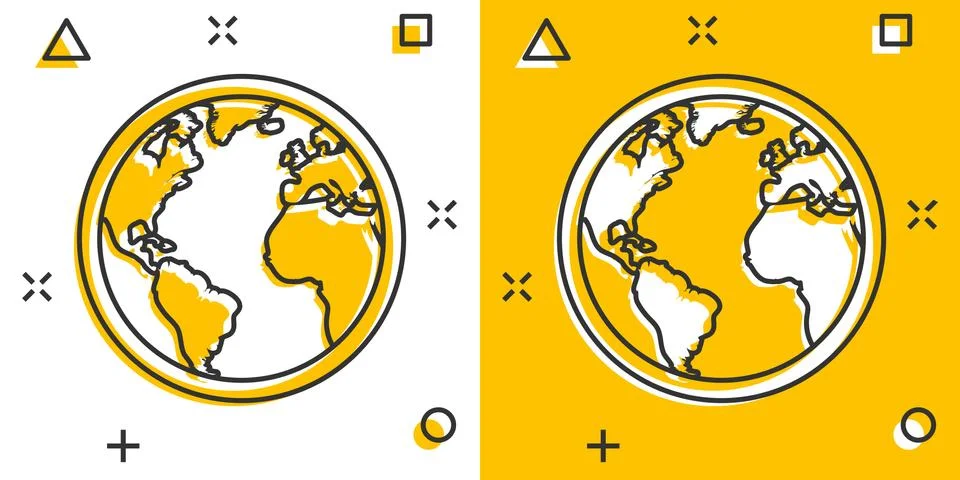 Vector cartoon globe world map icon in comic style. Round earth illustration  Stock Illustration