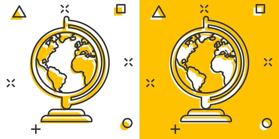 Vector cartoon globe world map icon in comic style. Round earth illustration  Illustrazione stock