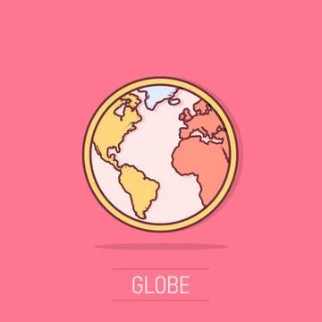 Vector cartoon globe world map icon in comic style. Round earth illustratio.. Illustrazione stock