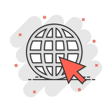 Vector cartoon go to web icon in comic style. Globe world sign illustration p Illustration