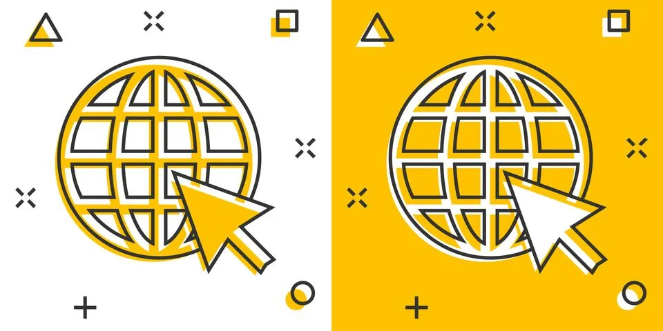 Vector cartoon go to web icon in comic style. Globe world sign illustration p Illustration