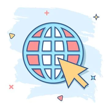 Vector cartoon go to web icon in comic style. Globe world sign illustration p 库存插图