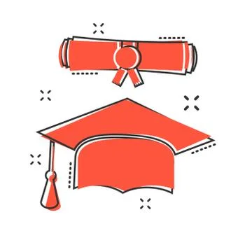 Vector cartoon graduation cap and diploma scroll icon in comic style. Educati Stock Illustration