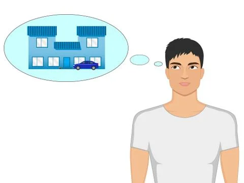 Vector cartoon guy dreaming of a house and a car Stock Illustration