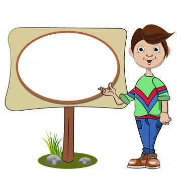 Vector cartoon guy points to an empty banner poster for sign or announce. Stock-Illustration