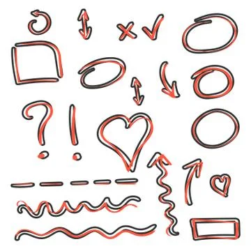 Vector cartoon hand drawn arrows and circles icon set in comic style. Pencil  Stock Illustration