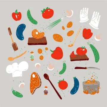 Vector cartoon hand drawn cook set with cooking utensils and food isolated on Stock Illustration